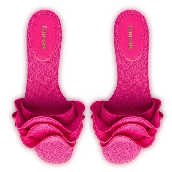 LARROUDE Ivy Ruffle Slip On Mule Flat Sandals in Pink Raffia Size 5 NWB - Picture 2 of 14